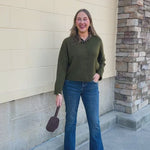  Mosswood Sweater in earthy green with small front buttons and a softly folded collar