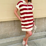 Mini dress with a zippered split-neck collar, cuffed sleeves, and colorblock-style stripes—sporty, stylish, and perfect for Gameday wear.