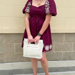 Garnet embroidered mini dress with puff sleeves, square neck, floral detailing, and scalloped hem—perfect for FSU gameday