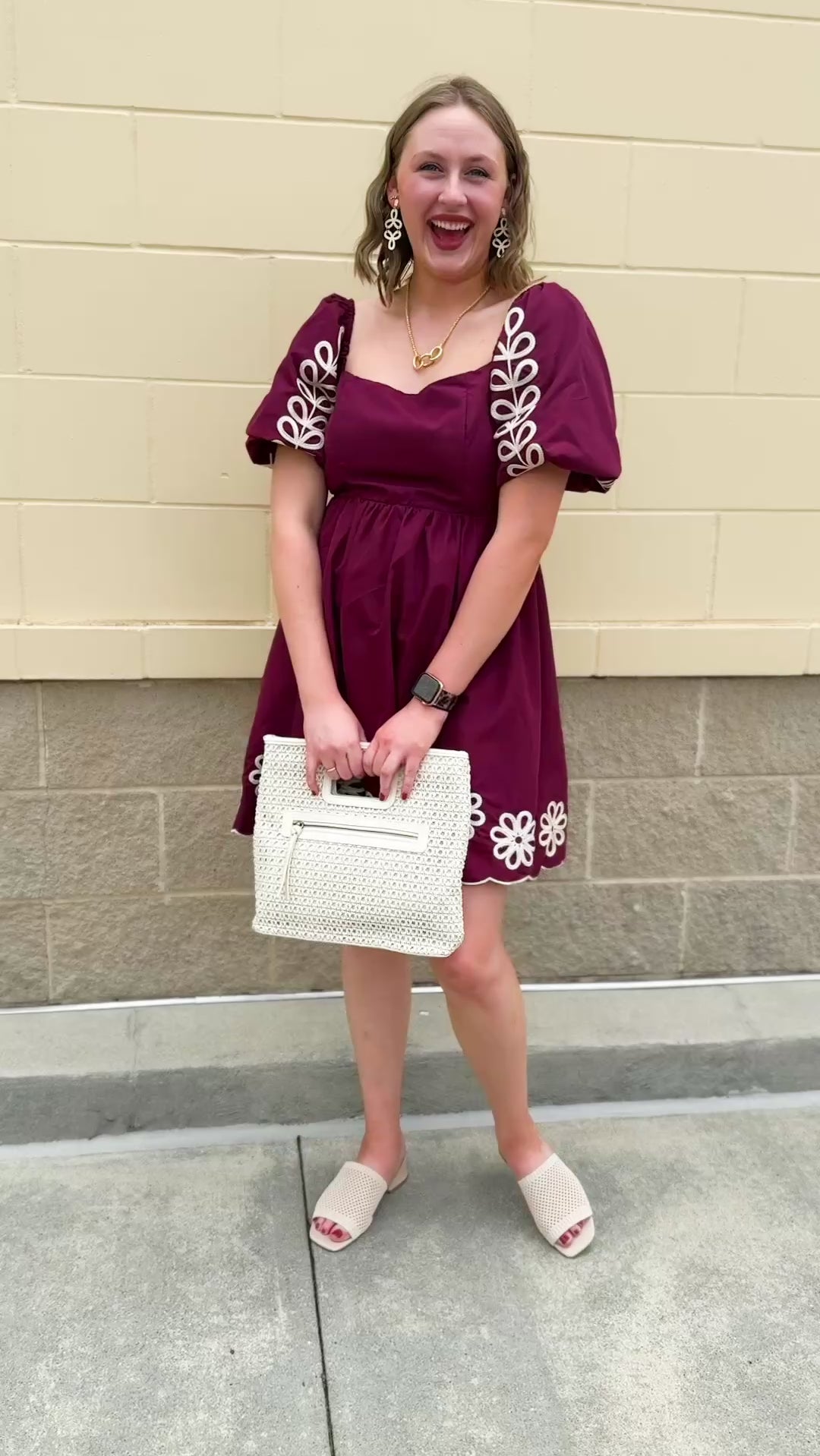 Garnet embroidered mini dress with puff sleeves, square neck, floral detailing, and scalloped hem—perfect for FSU gameday