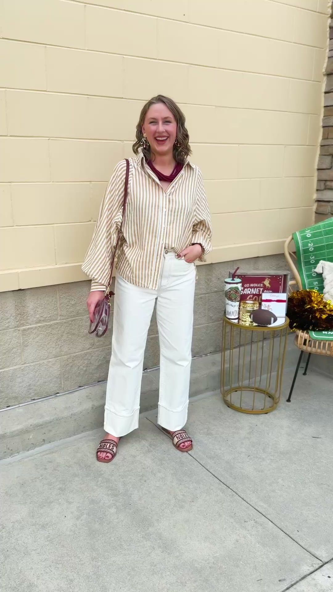 Tan and off-white striped long sleeve button-down shirt with collared neckline and cuffed sleeves—lightweight and perfect for layering