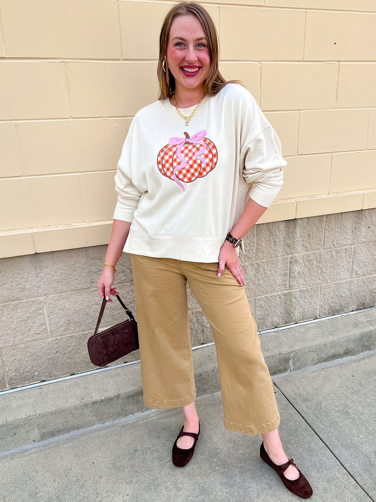 Pumpkin Bow Gingham Crewneck - The Pink Pineapple 850