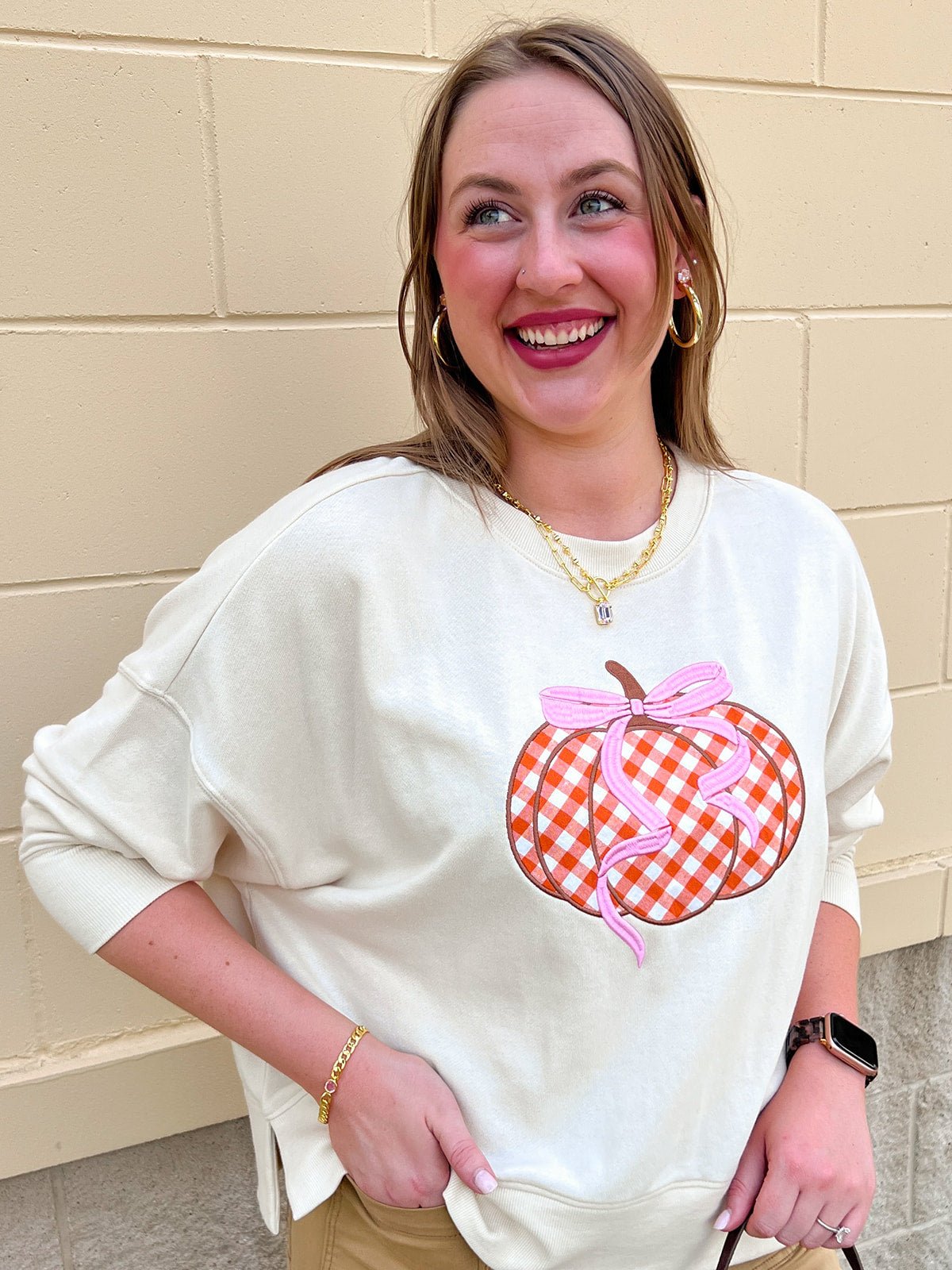 Pumpkin Bow Gingham Crewneck - The Pink Pineapple 850