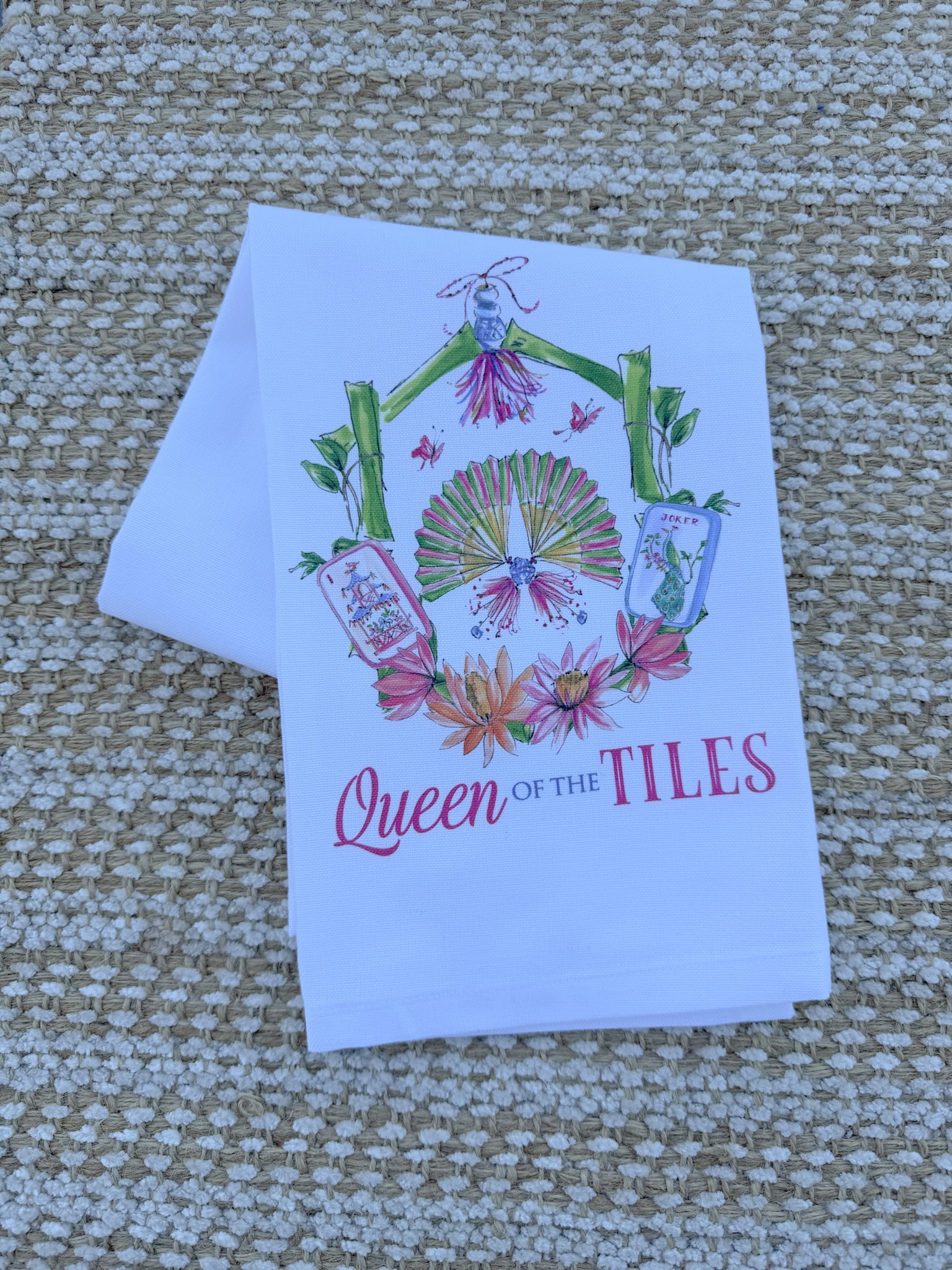 Queen Of The Tiles Mahjong Crest Bamboo Kitchen Towel - The Pink Pineapple 850