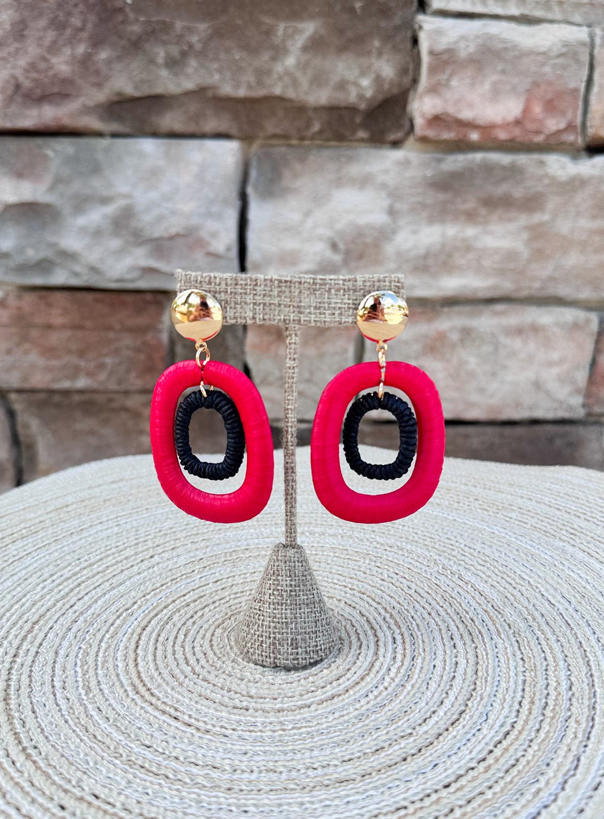 Red & Black Rattan Oval Drop Hoops - The Pink Pineapple 850