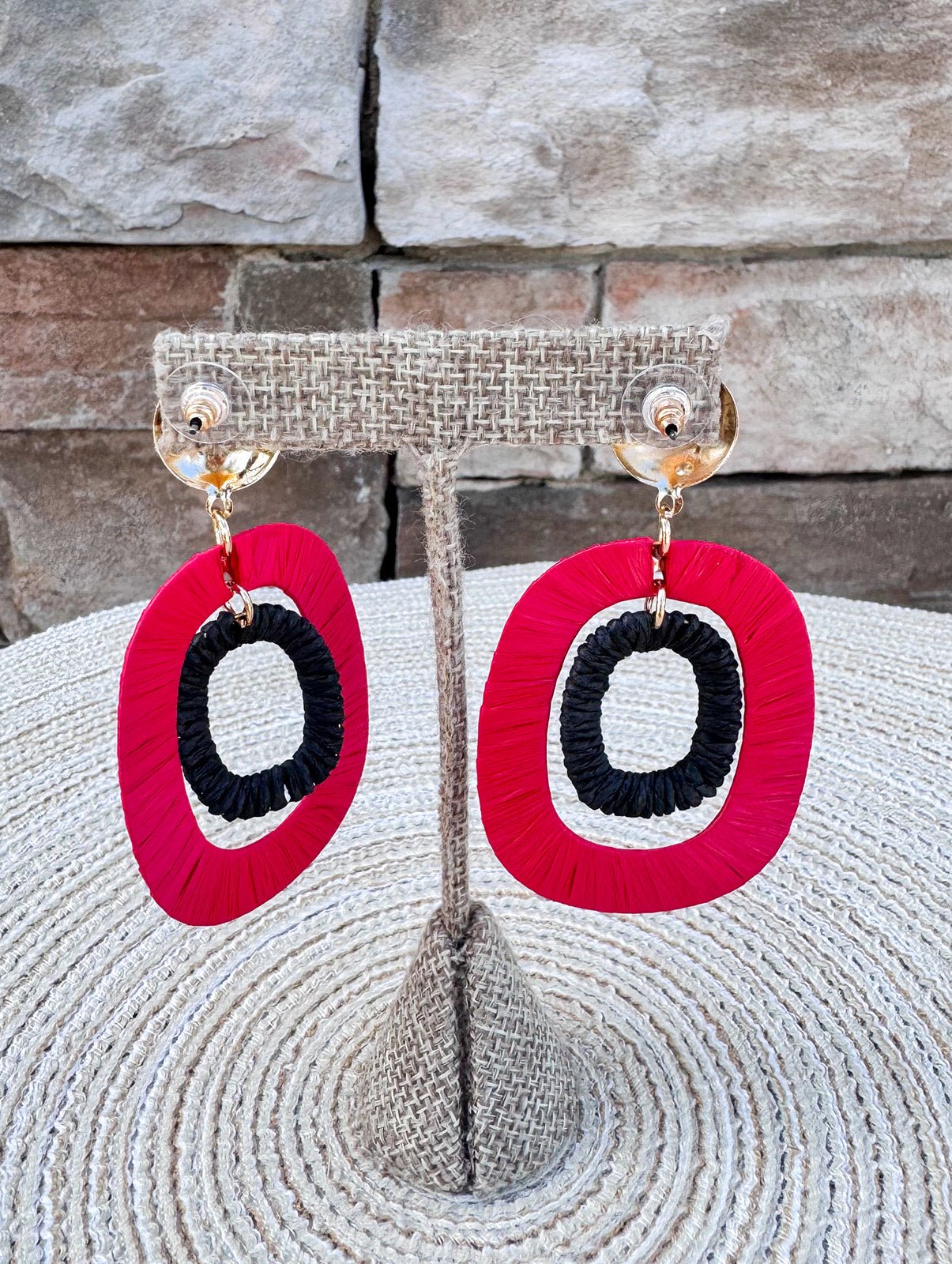 Red & Black Rattan Oval Drop Hoops - The Pink Pineapple 850