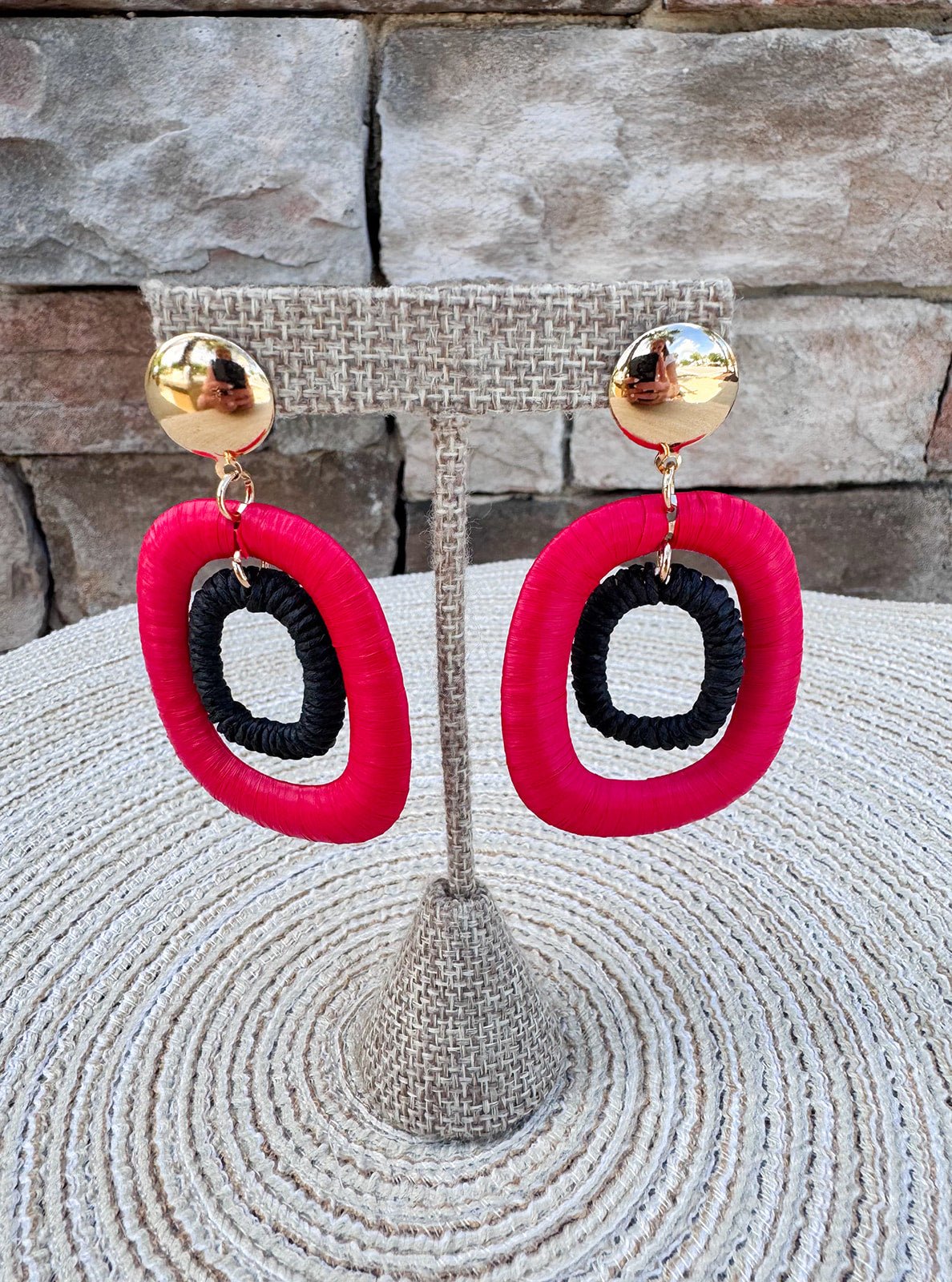 Red & Black Rattan Oval Drop Hoops - The Pink Pineapple 850