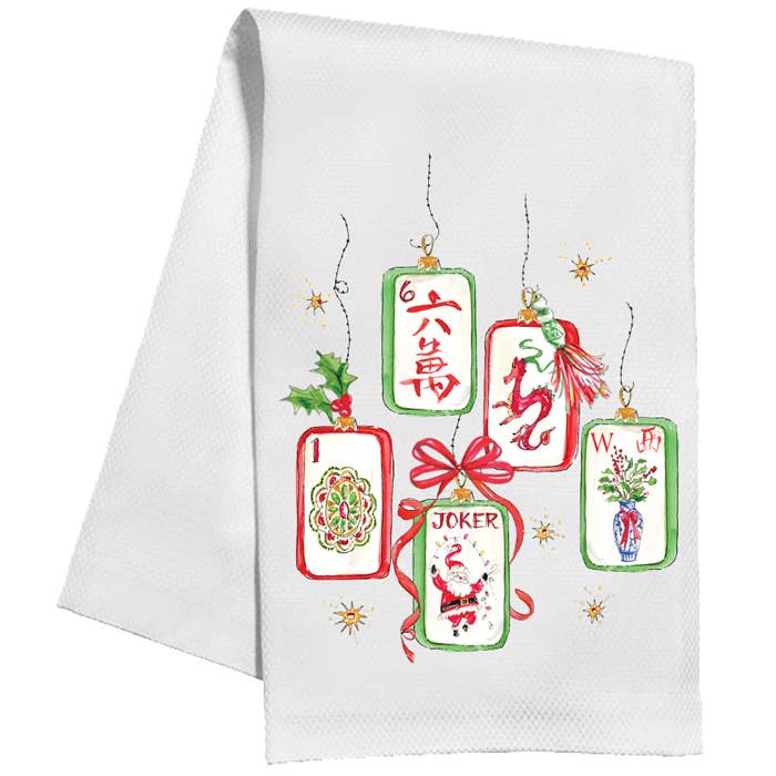 Red & Green Hanging Mahjong Tile Ornaments Kitchen Towel - The Pink Pineapple 850