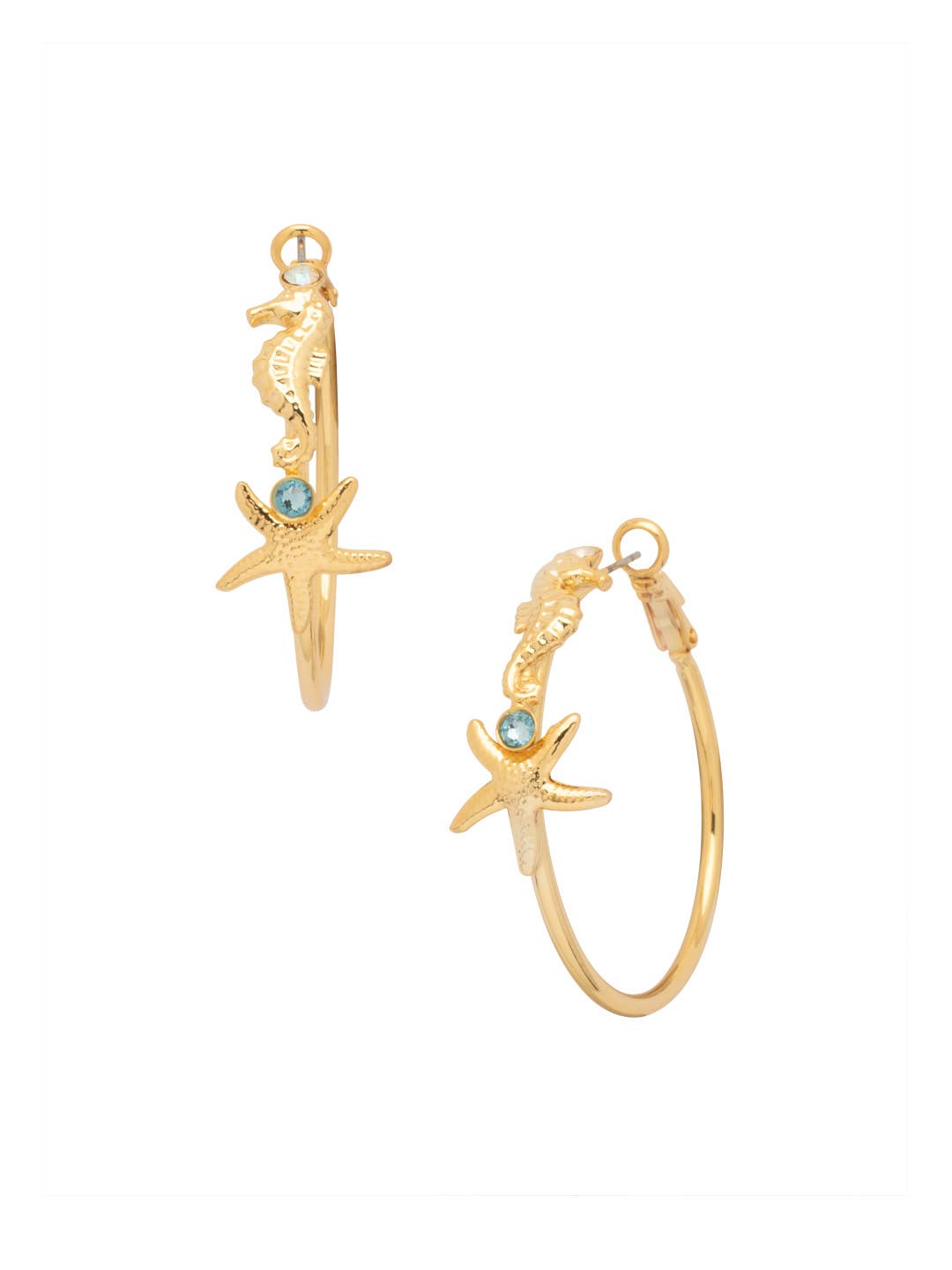 Large hoop earrings with seahorse, starfish, and round-cut crystal accents.