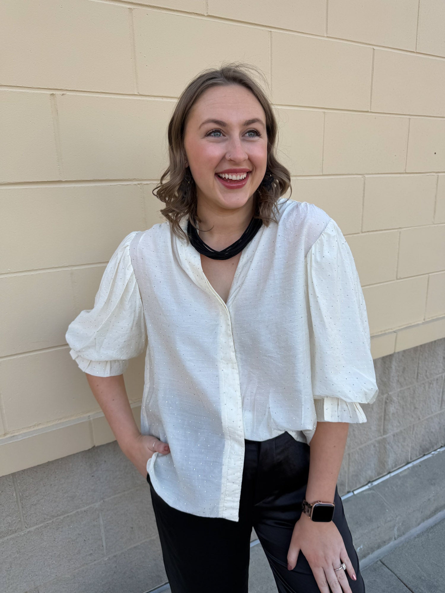 Rhinestone Reverie Blouse in Cream - The Pink Pineapple 850