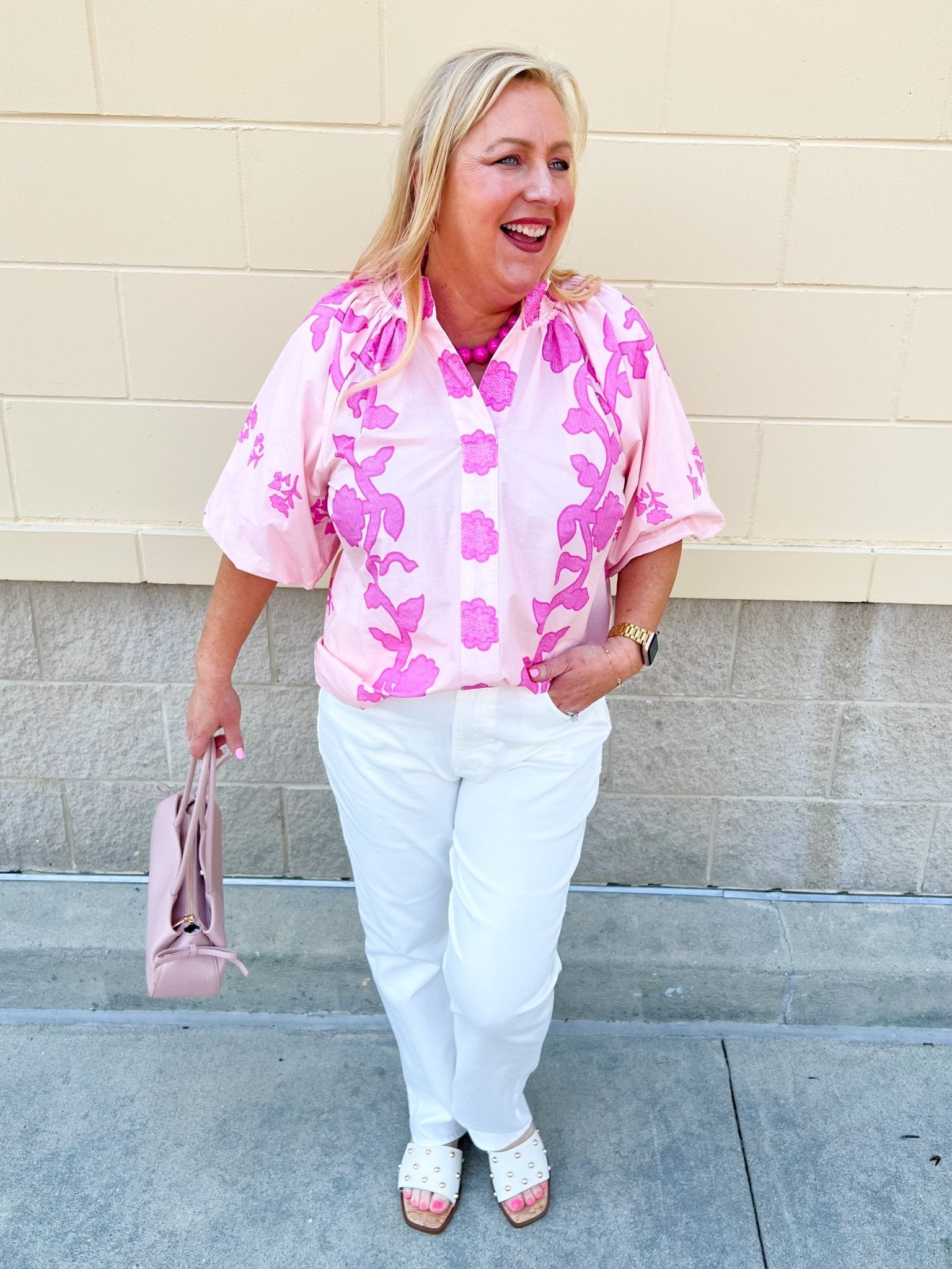 Rosy Bloom Split Neck Blouse - The Pink Pineapple 850