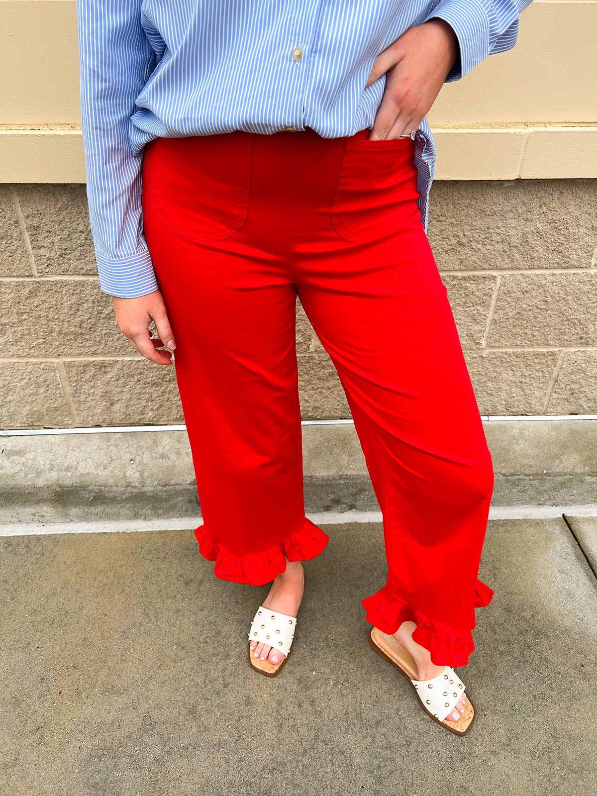 Ruffle Rendezvous High Rise Statement Pants in Red - The Pink Pineapple 850