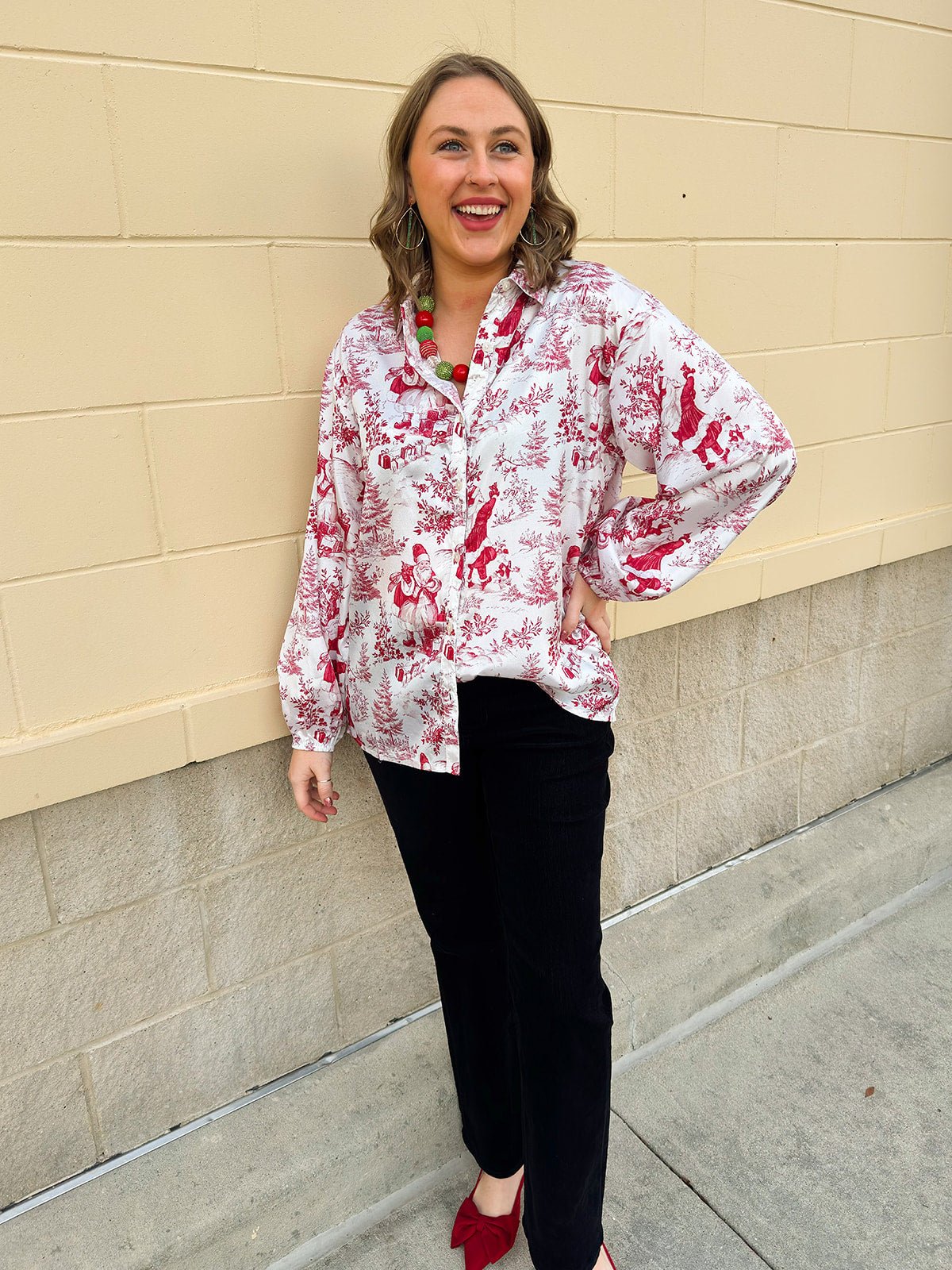 Santa Toile Holiday Blouse - The Pink Pineapple 850