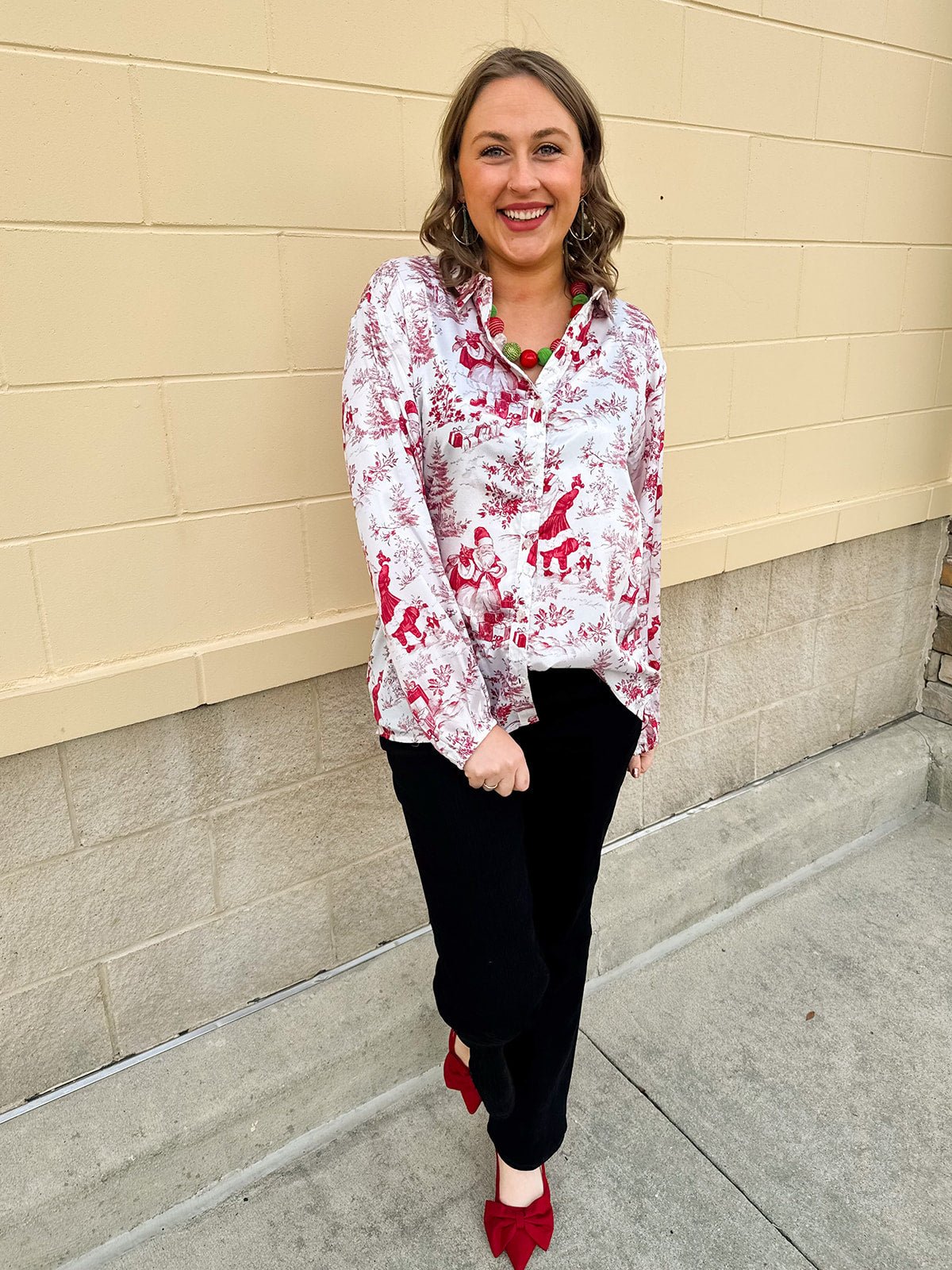 Santa Toile Holiday Blouse - The Pink Pineapple 850