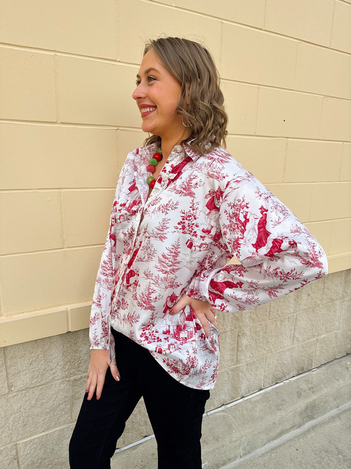 Santa Toile Holiday Blouse - The Pink Pineapple 850