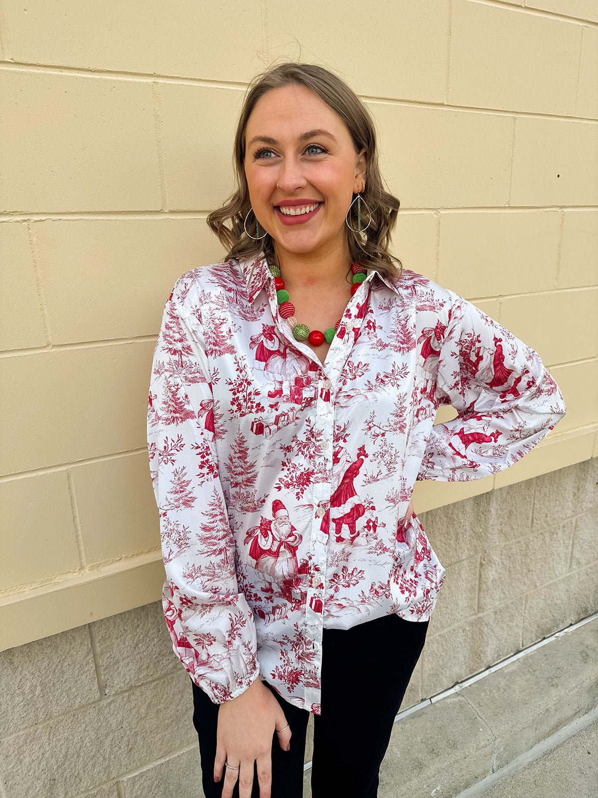 Santa Toile Holiday Blouse - The Pink Pineapple 850