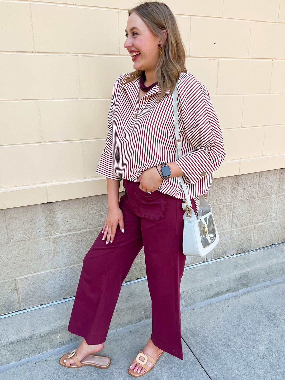 Saturday Stroll Striped Blouse in Garnet - The Pink Pineapple 850
