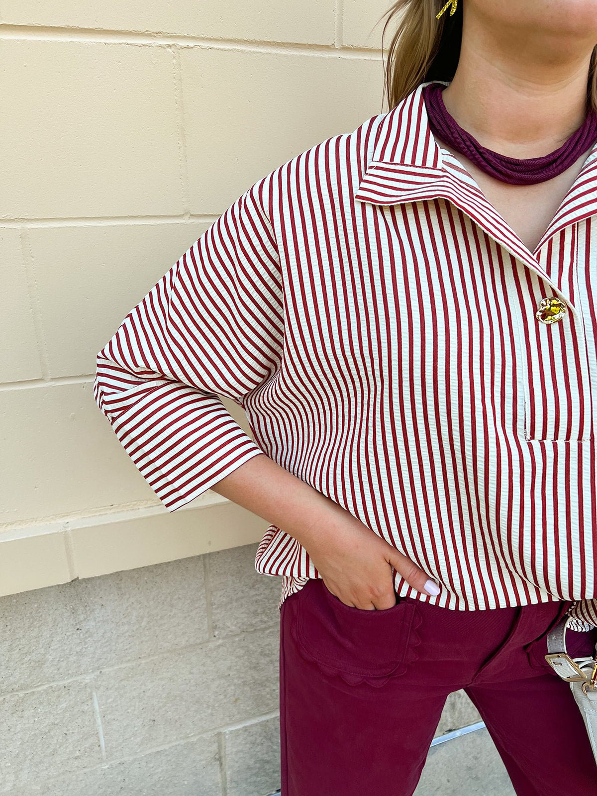 Saturday Stroll Striped Blouse in Garnet - The Pink Pineapple 850