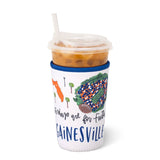 Gainesville college town football themed medium neoprene iced cup coolie with hand strap.