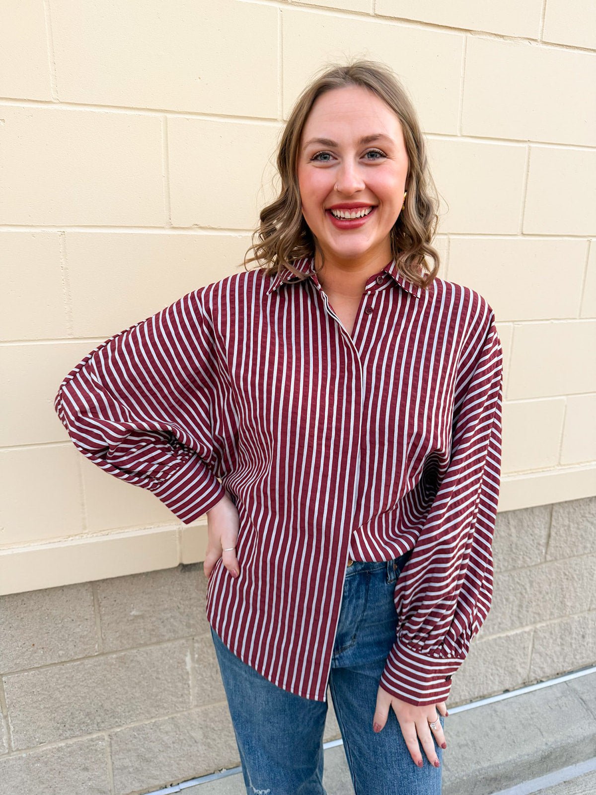 Savannah Stripe Oversized Button - Down in Garnet - The Pink Pineapple 850