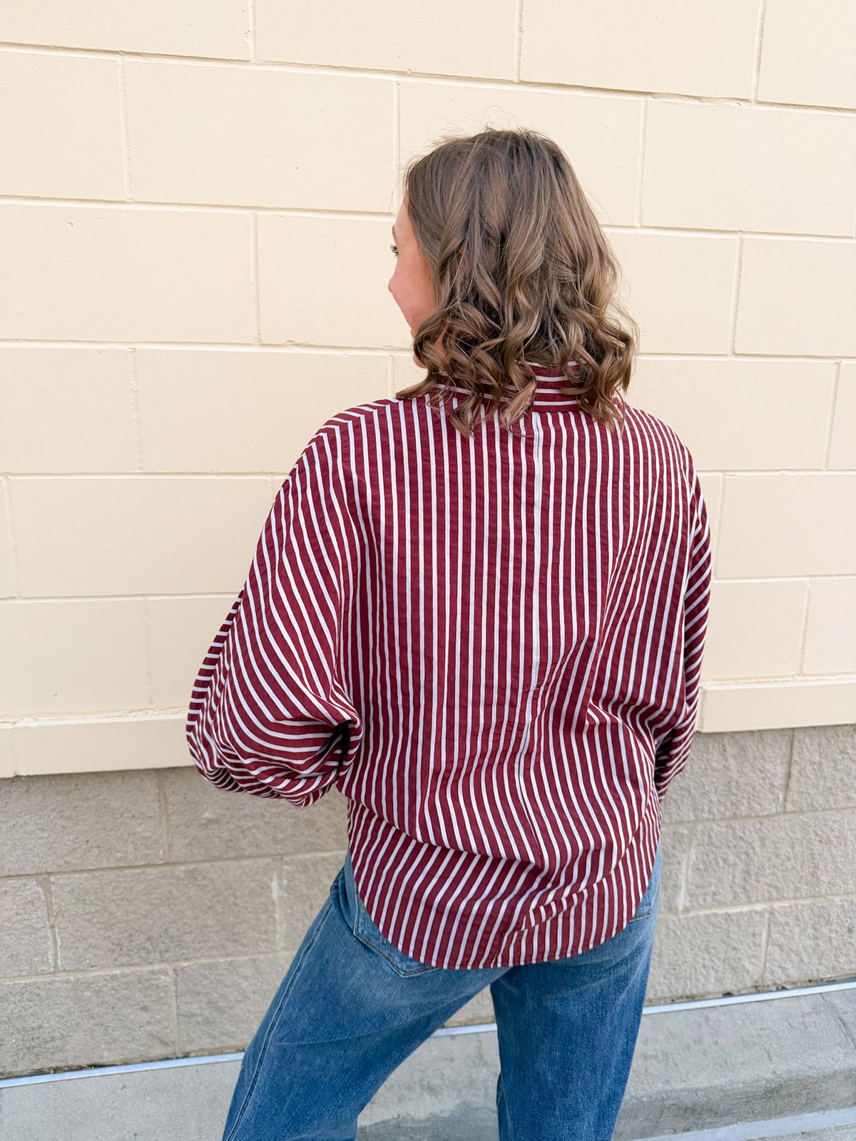 Savannah Stripe Oversized Button - Down in Garnet - The Pink Pineapple 850