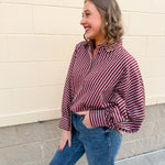 Savannah Stripe Oversized Button - Down in Garnet - The Pink Pineapple 850