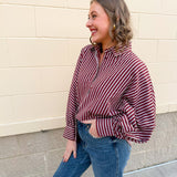 Savannah Stripe Oversized Button - Down in Garnet - The Pink Pineapple 850