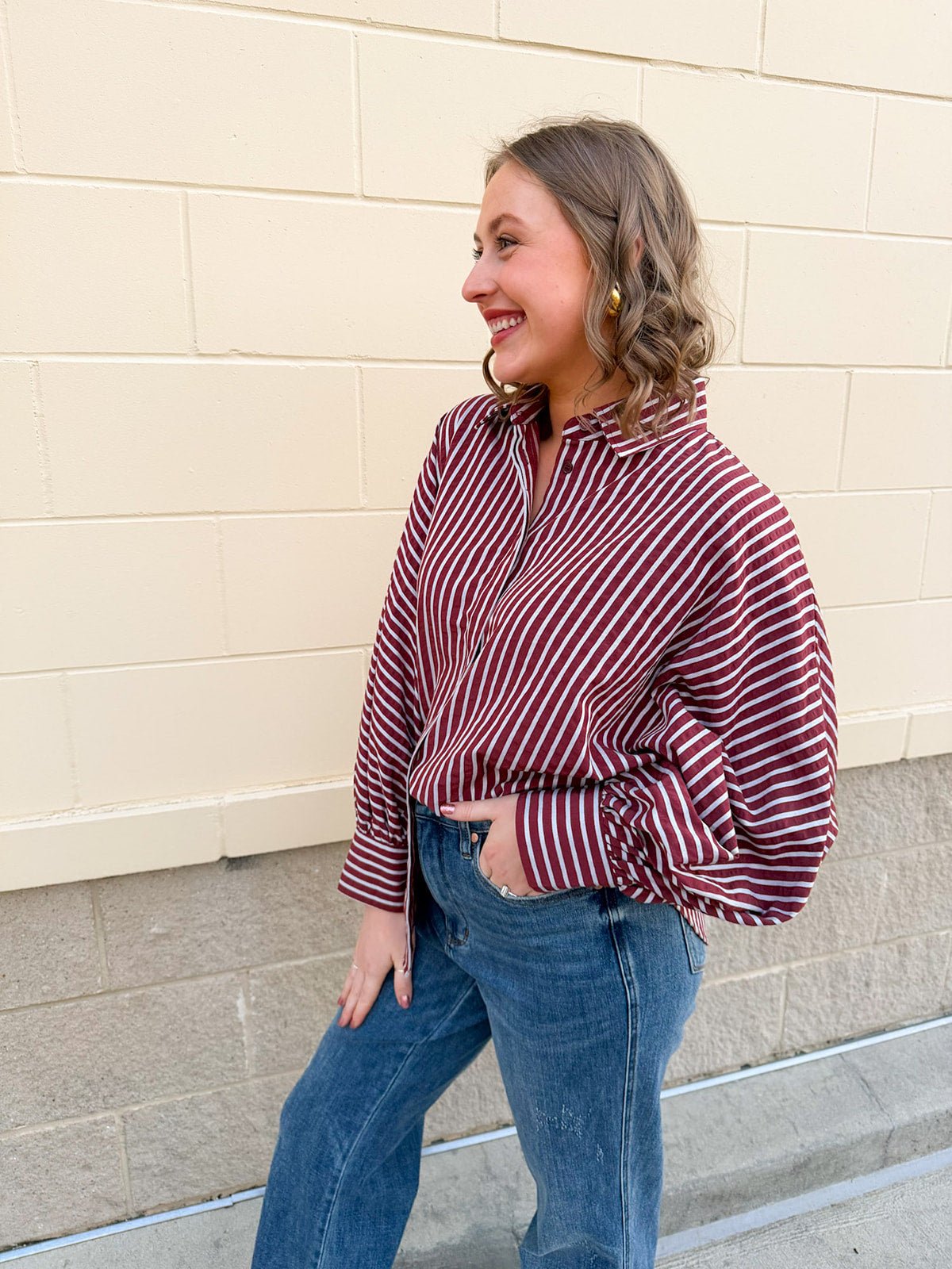 Savannah Stripe Oversized Button - Down in Garnet - The Pink Pineapple 850