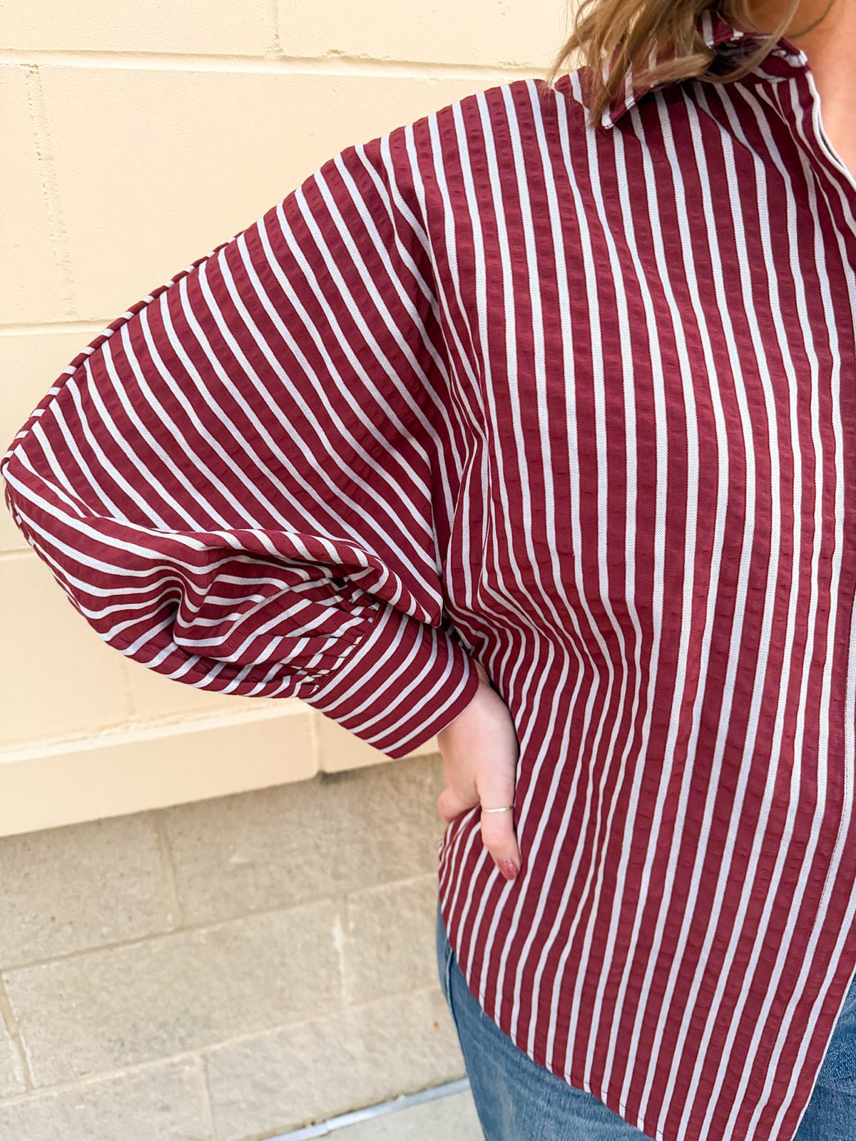 Savannah Stripe Oversized Button - Down in Garnet - The Pink Pineapple 850