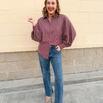 Savannah Stripe Oversized Button - Down in Garnet - The Pink Pineapple 850