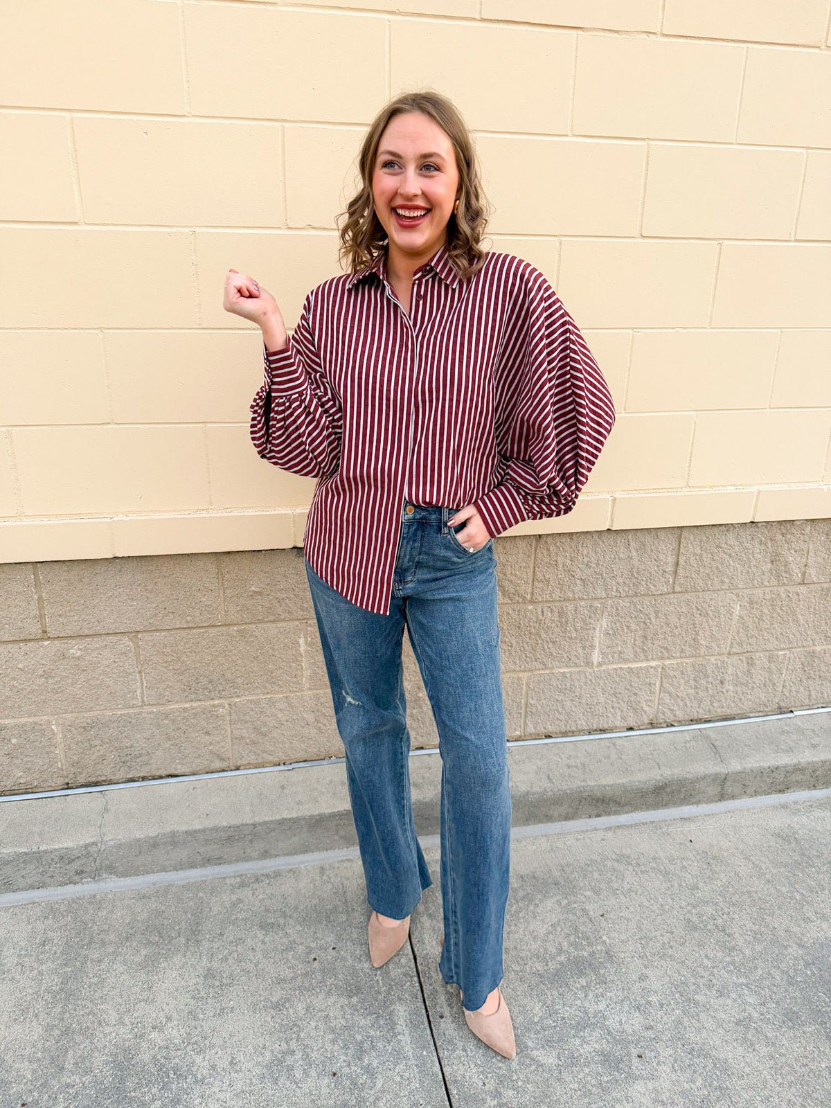 Savannah Stripe Oversized Button - Down in Garnet - The Pink Pineapple 850