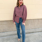 Savannah Stripe Oversized Button - Down in Garnet - The Pink Pineapple 850