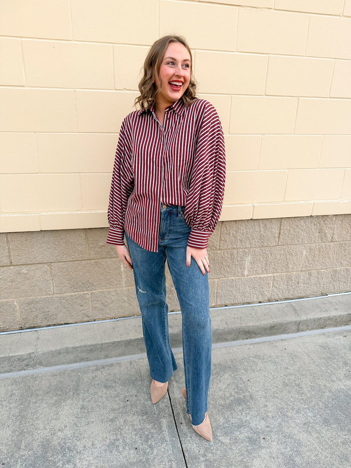 Savannah Stripe Oversized Button - Down in Garnet - The Pink Pineapple 850