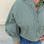 Savannah Stripe Oversized Button - Down in Sage - The Pink Pineapple 850