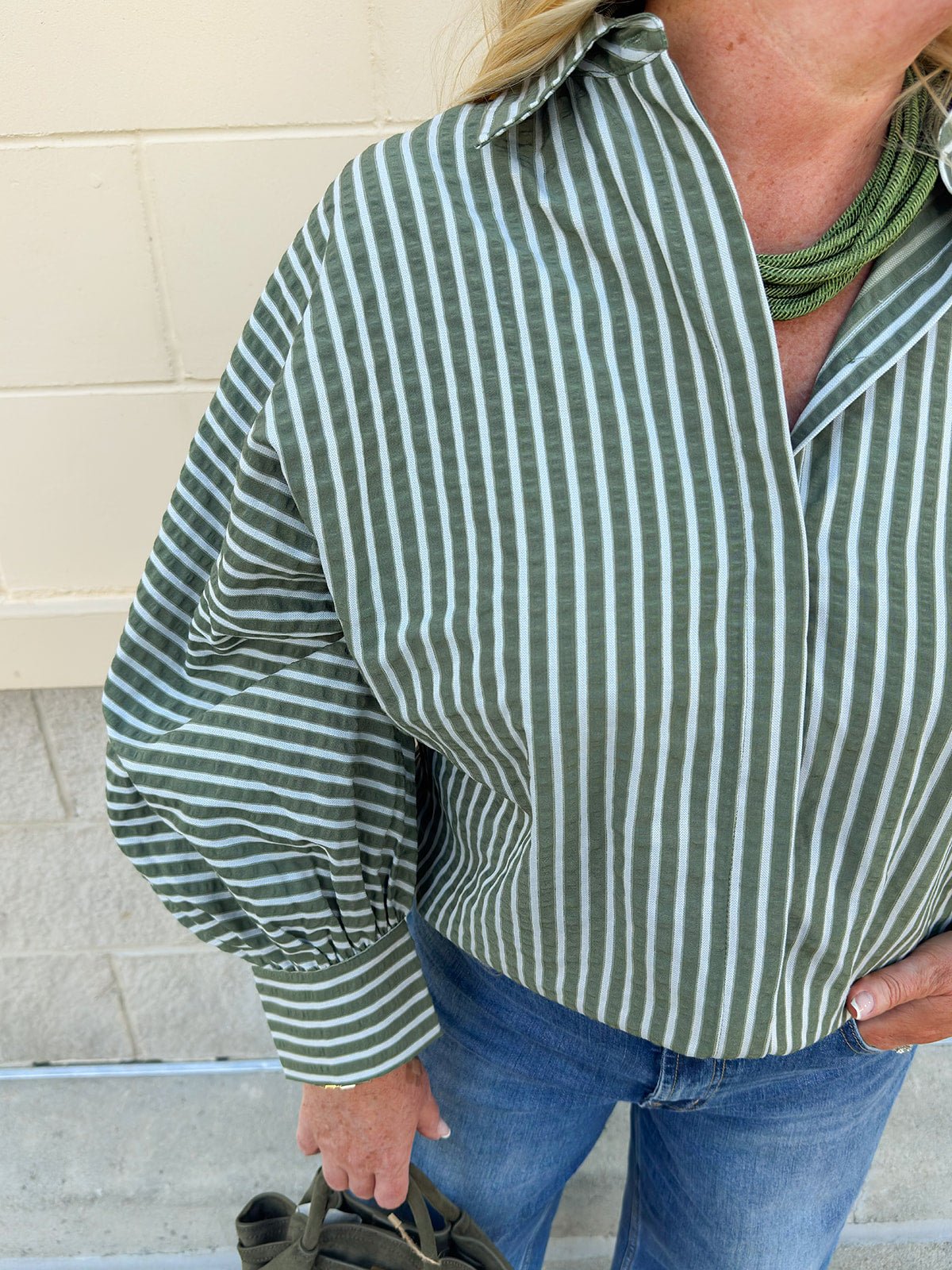 Savannah Stripe Oversized Button - Down in Sage - The Pink Pineapple 850