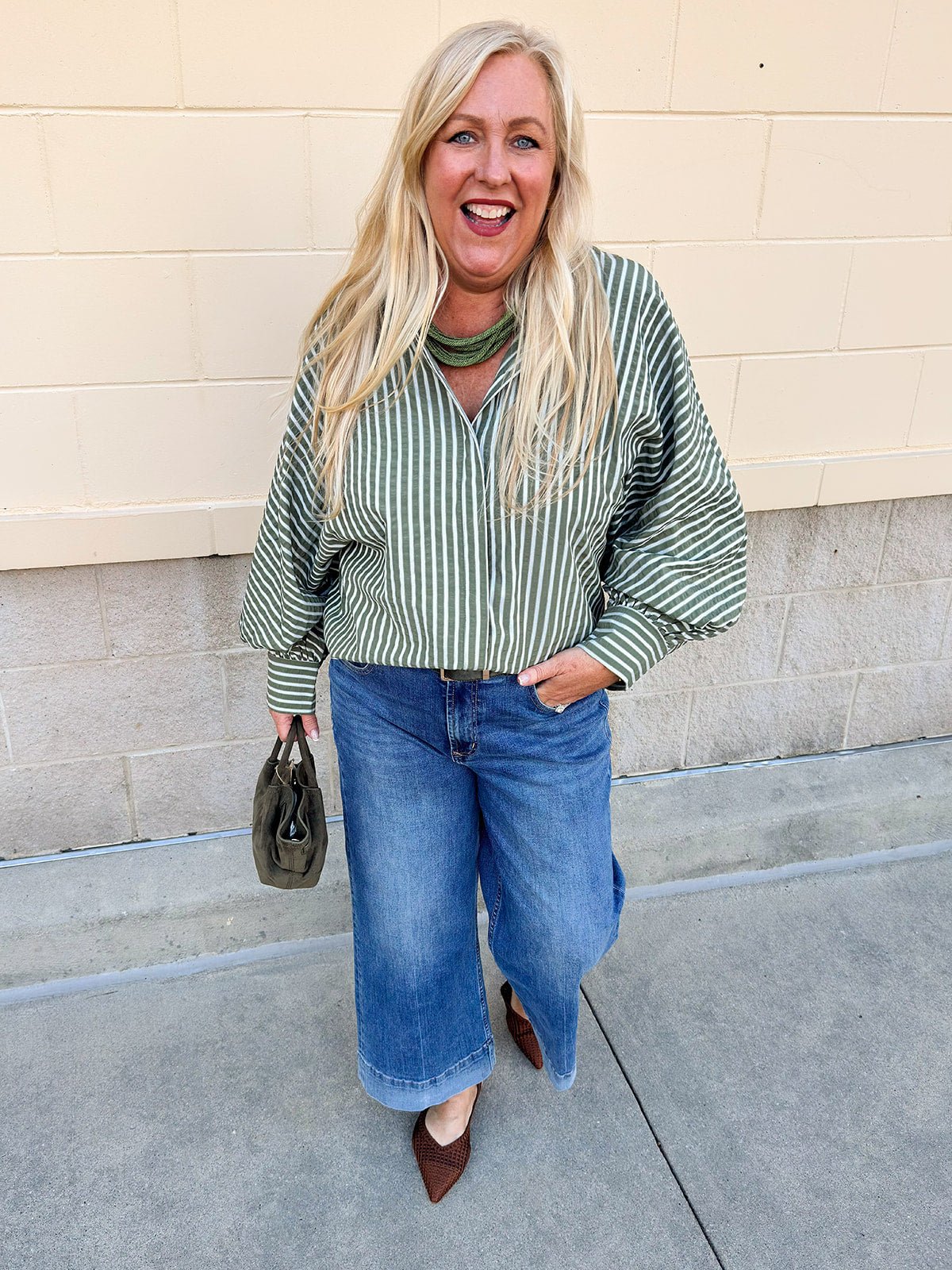 Savannah Stripe Oversized Button - Down in Sage - The Pink Pineapple 850