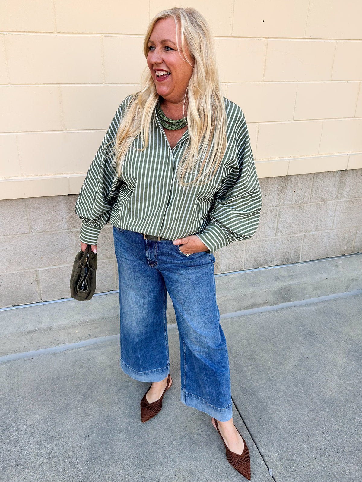 Savannah Stripe Oversized Button - Down in Sage - The Pink Pineapple 850