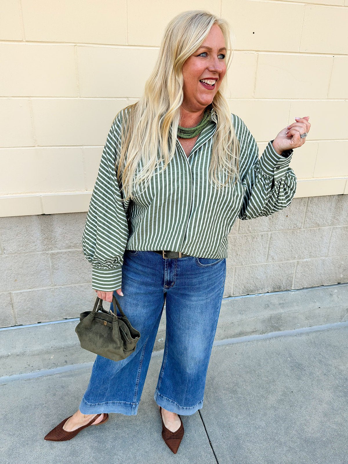 Savannah Stripe Oversized Button - Down in Sage - The Pink Pineapple 850