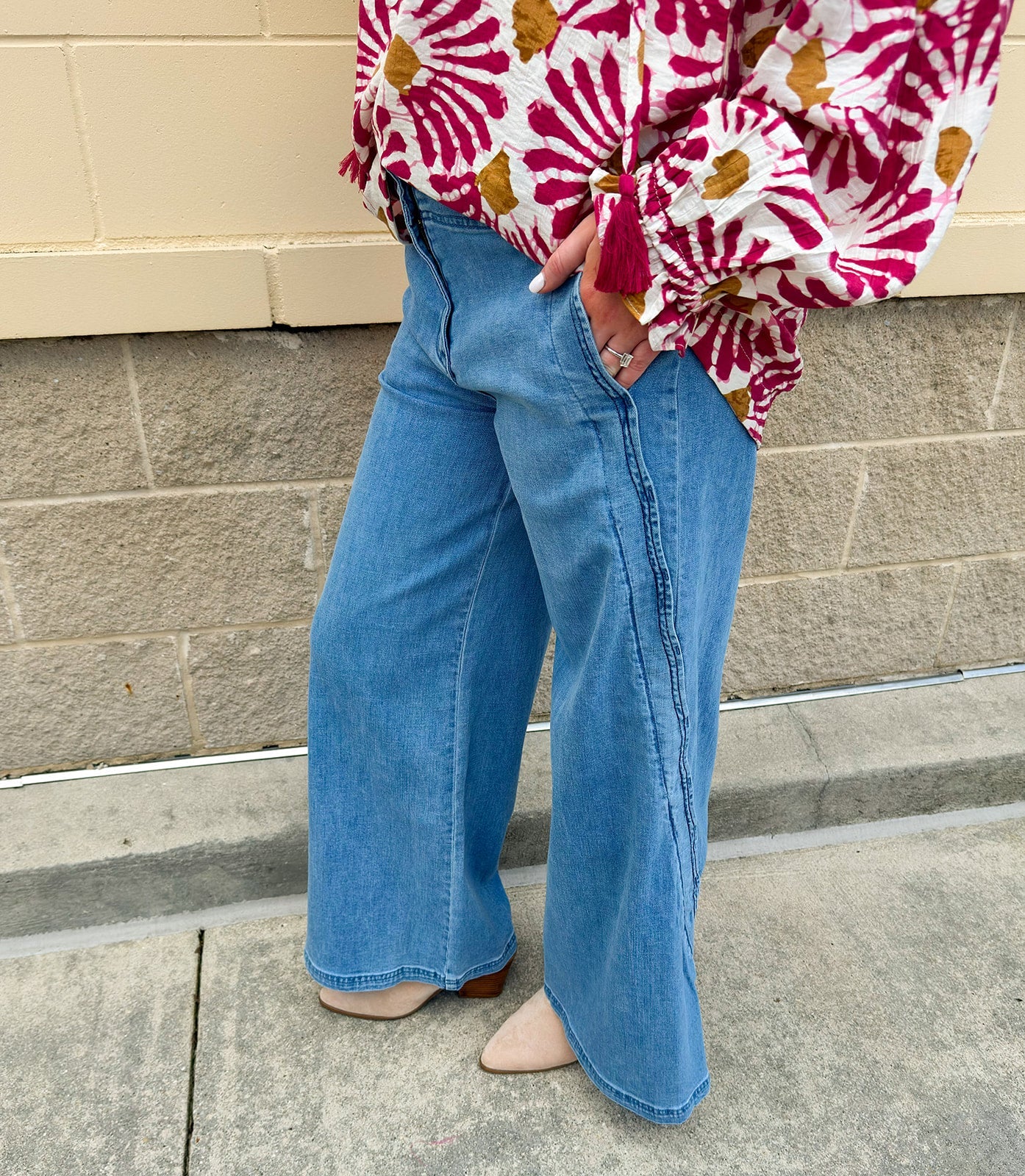 Scalloped Breeze Wide Leg Denim Pants - The Pink Pineapple 850