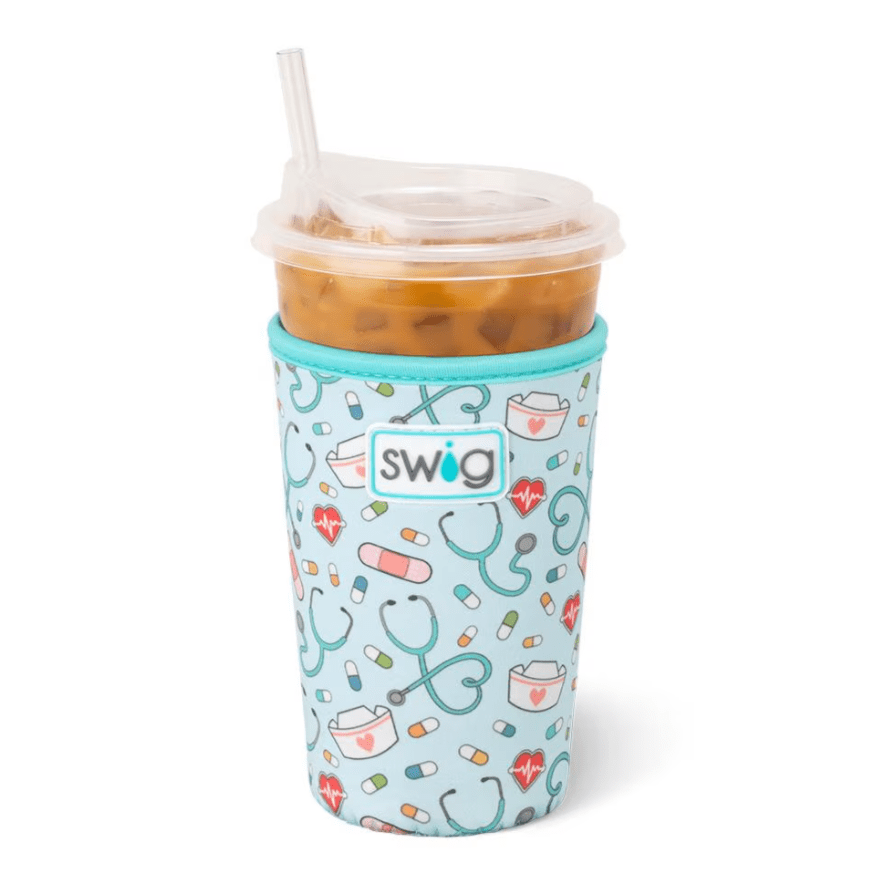 Scrub Life printed insulated iced drink cup coolie with strap.