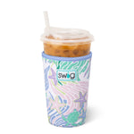 Pink and orange cabana stripe and pastel sea life print medium neoprene iced cup coolie with hand strap.