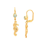 Dangle earrings with a seahorse charm and round-cut crystal on lever-back French wire.