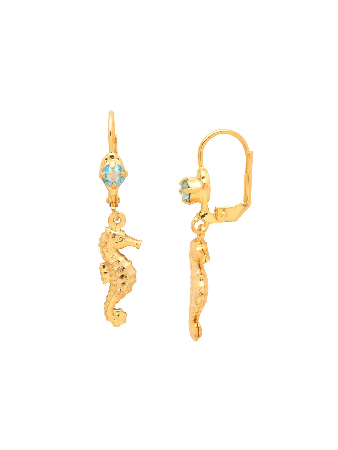 Dangle earrings with a seahorse charm and round-cut crystal on lever-back French wire.