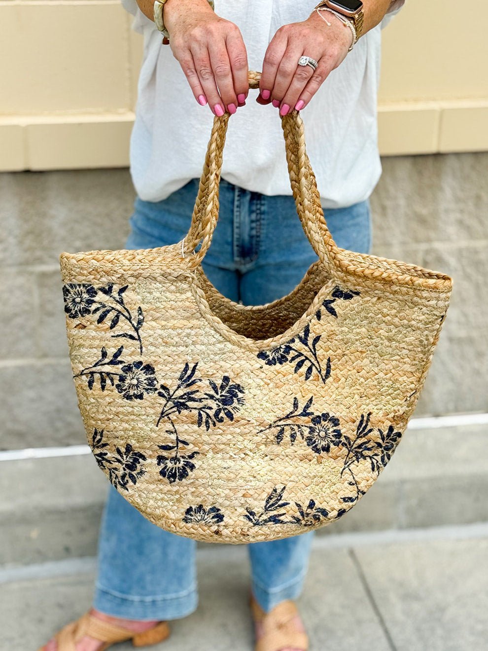 Seaside Blooms Woven Straw Tote - The Pink Pineapple 850