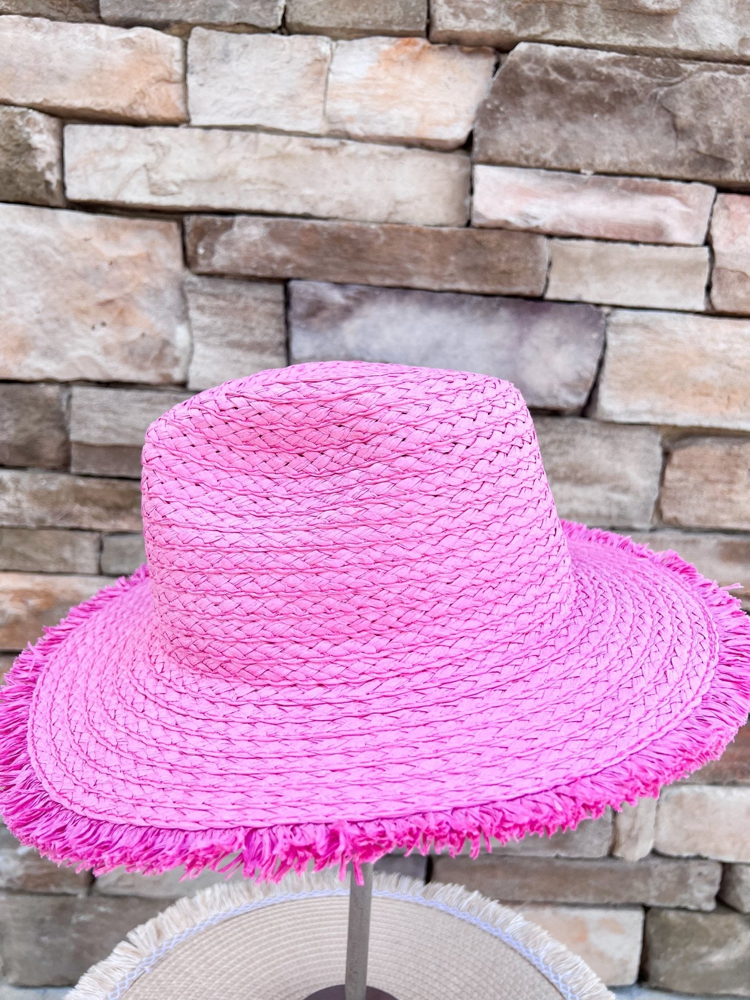 Seaside Stroll Frayed Straw Hat in Pink - The Pink Pineapple 850