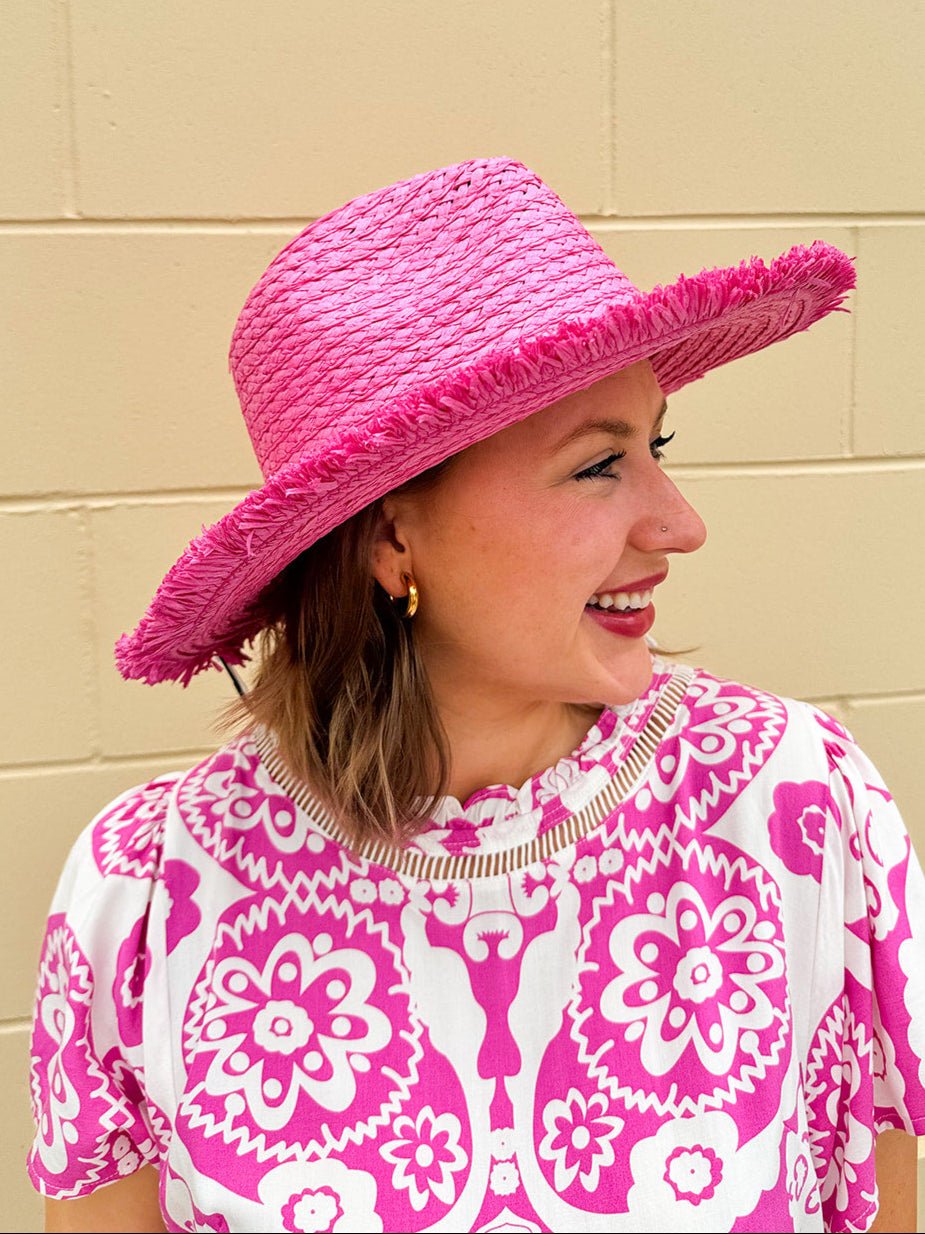 Seaside Stroll Frayed Straw Hat in Pink - The Pink Pineapple 850