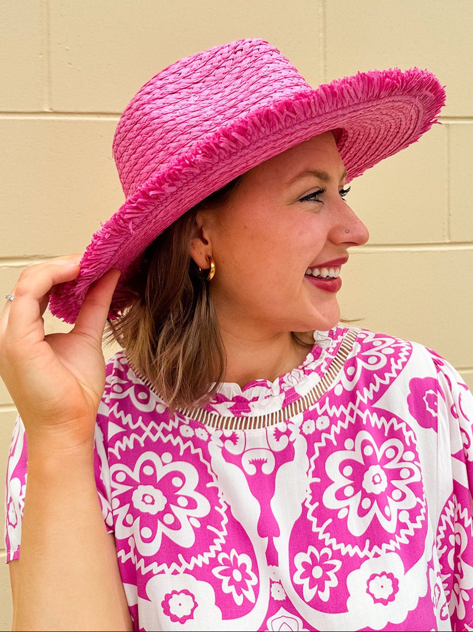 Seaside Stroll Frayed Straw Hat in Pink - The Pink Pineapple 850