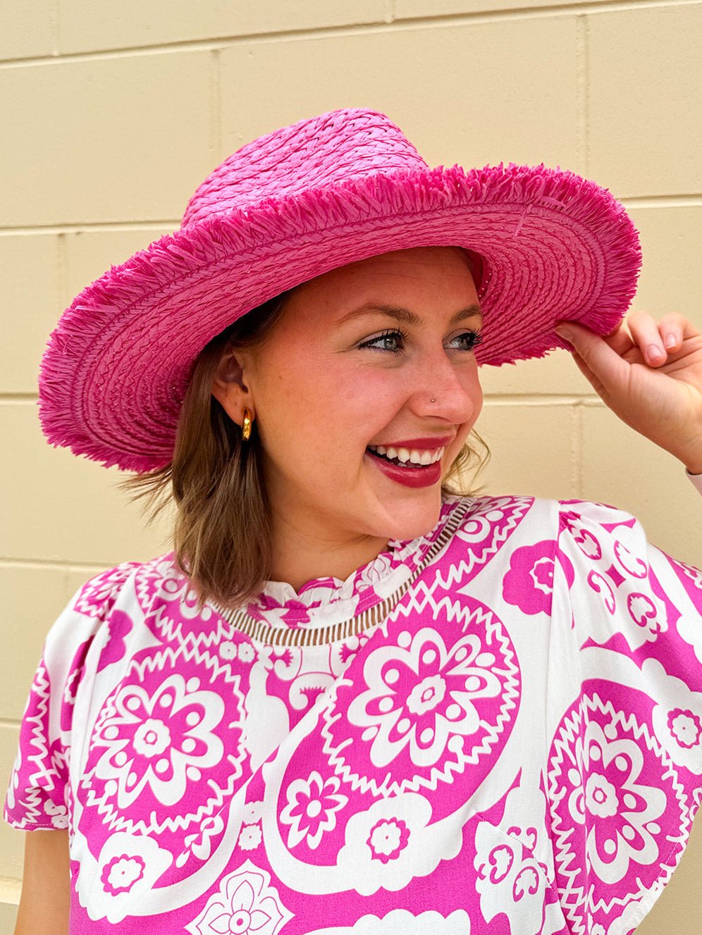 Seaside Stroll Frayed Straw Hat in Pink - The Pink Pineapple 850