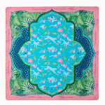 Serengeti Mahjong Mat with tropical palms, tigers, monkeys, and bright blue, pink, and gold colors