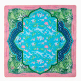 Serengeti Mahjong Mat with tropical palms, tigers, monkeys, and bright blue, pink, and gold colors